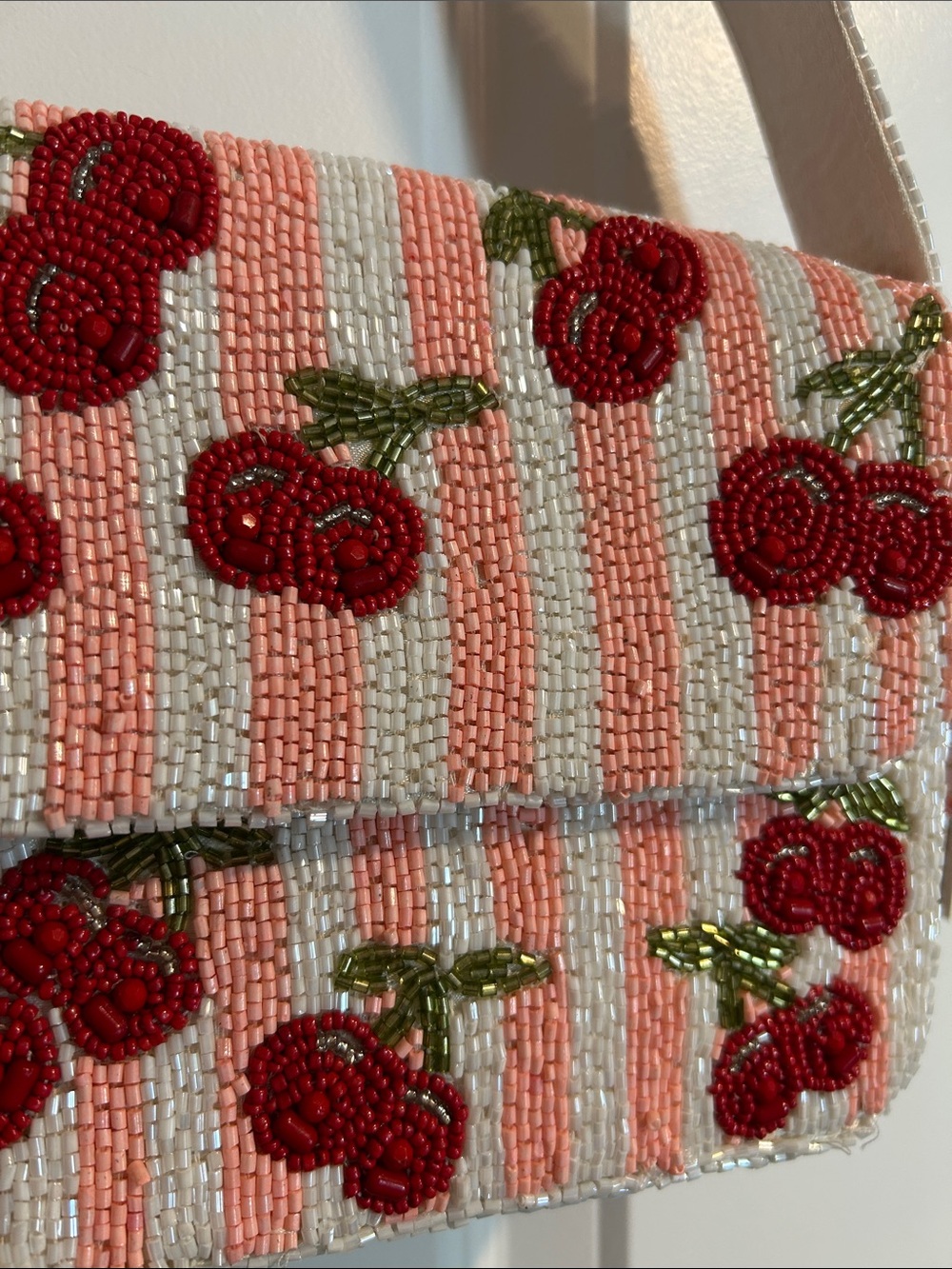 NWT Hand Crafted in India Beaded Striped Cherry Pattern Shoulder Bag - Picture 2 of 5